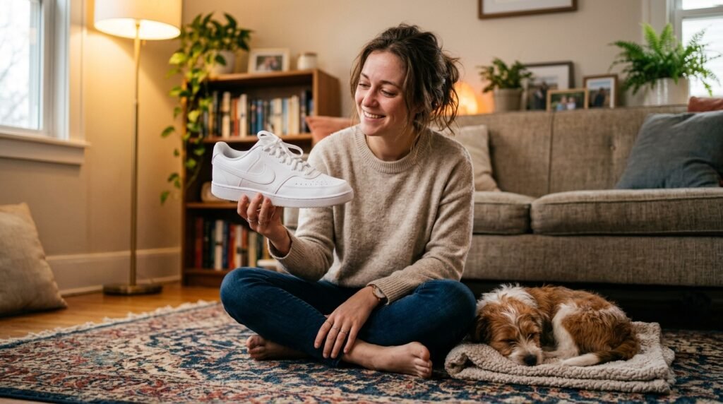 A smiling woman sits on a rug holding a clean white sneaker while her puppy sleeps next to her