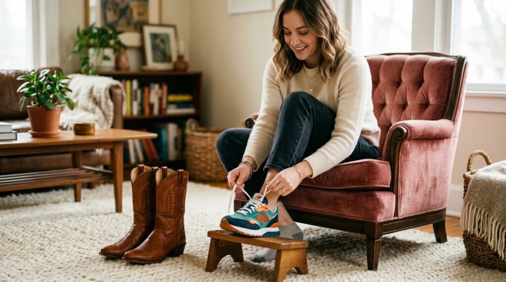 A woman sitting in a chair with a pair of cognac cowgirl boots resting on the rug nearby.