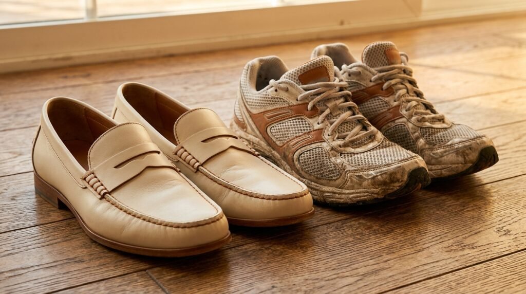 A close-up comparison of clean lifestyle sneakers next to worn athletic shoes on a wooden floor.