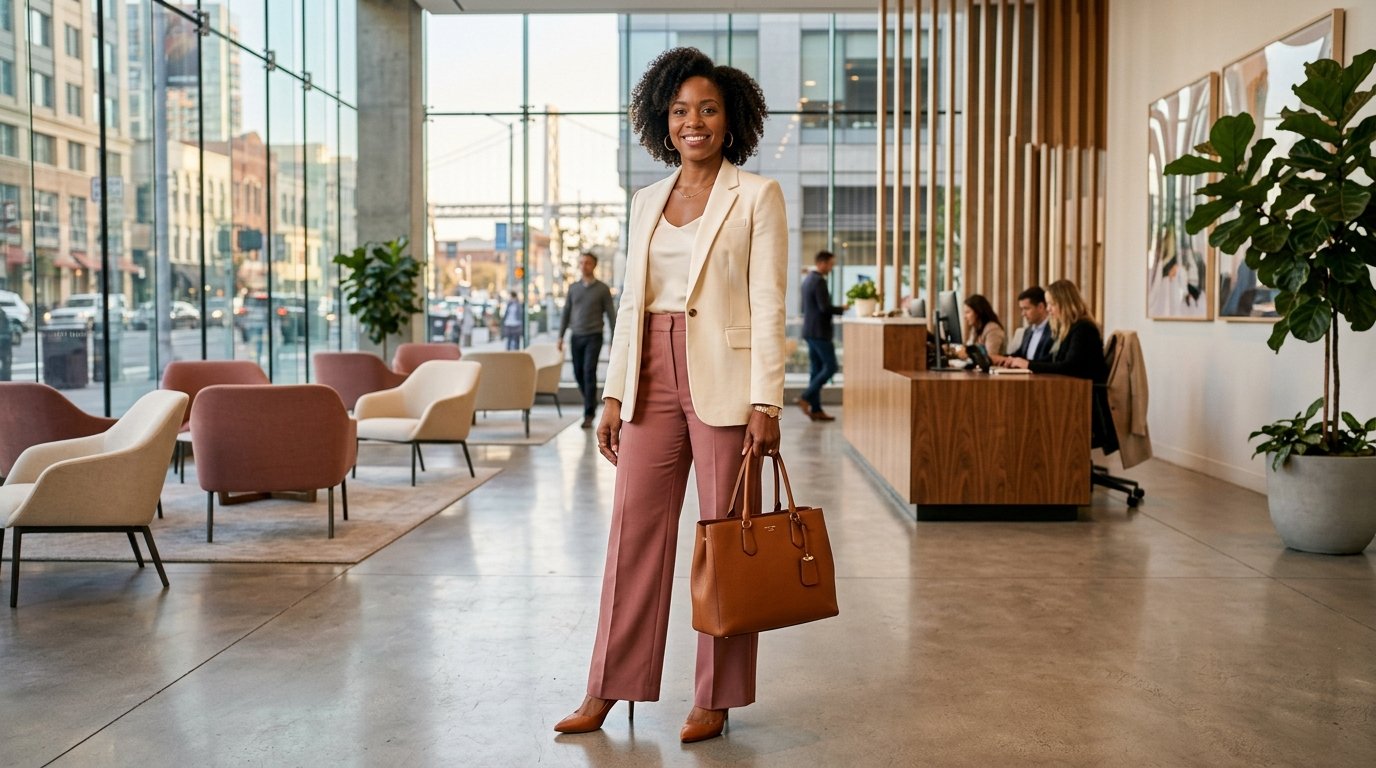 A professional woman in a modern office lobby wearing an ivory blazer, dusty rose wide-leg trousers, and cognac leather pumps, holding a matching leather tote bag.