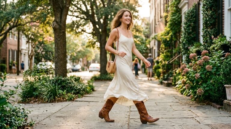 A woman walking on a sidewalk wearing a cream silk midi slip dress and cognac-brown leather cowgirl boots.