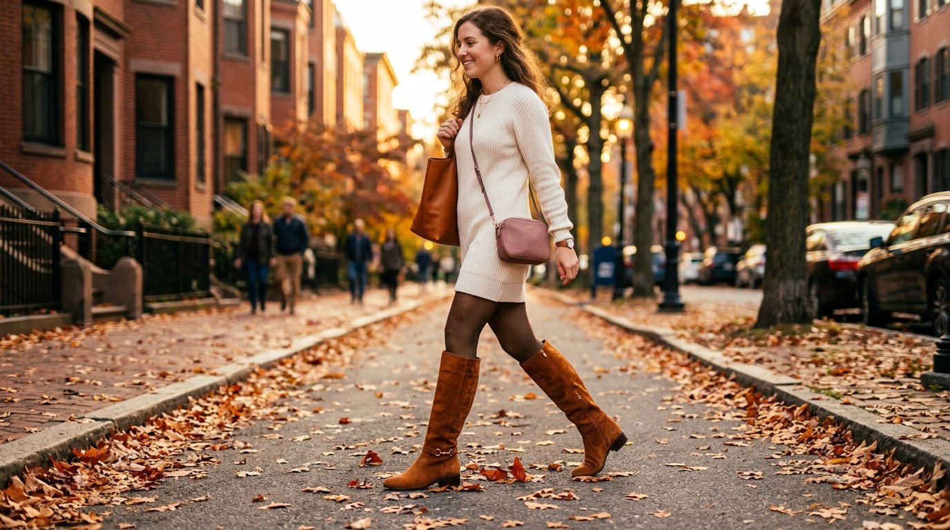 A woman walking on a sidewalk wearing a cream sweater dress and cognac suede knee-high boots during autumn.
