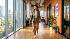 Woman wearing camel wide-leg trousers and clean white leather sneakers walking through a bright office