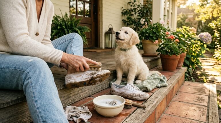 A person wearing dirty white canvas sneakers sits on a porch next to a fluffy puppy and a bowl of soapy water for cleaning.