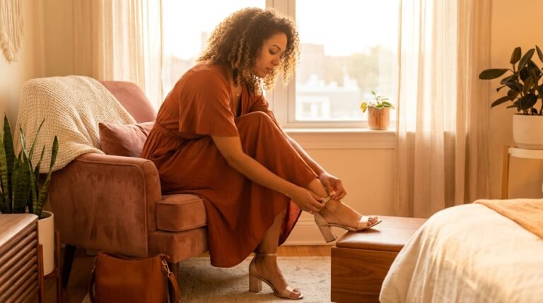 A woman buckling a pair of satin block-heel sandals while sitting on a velvet chair in a sunlit room.