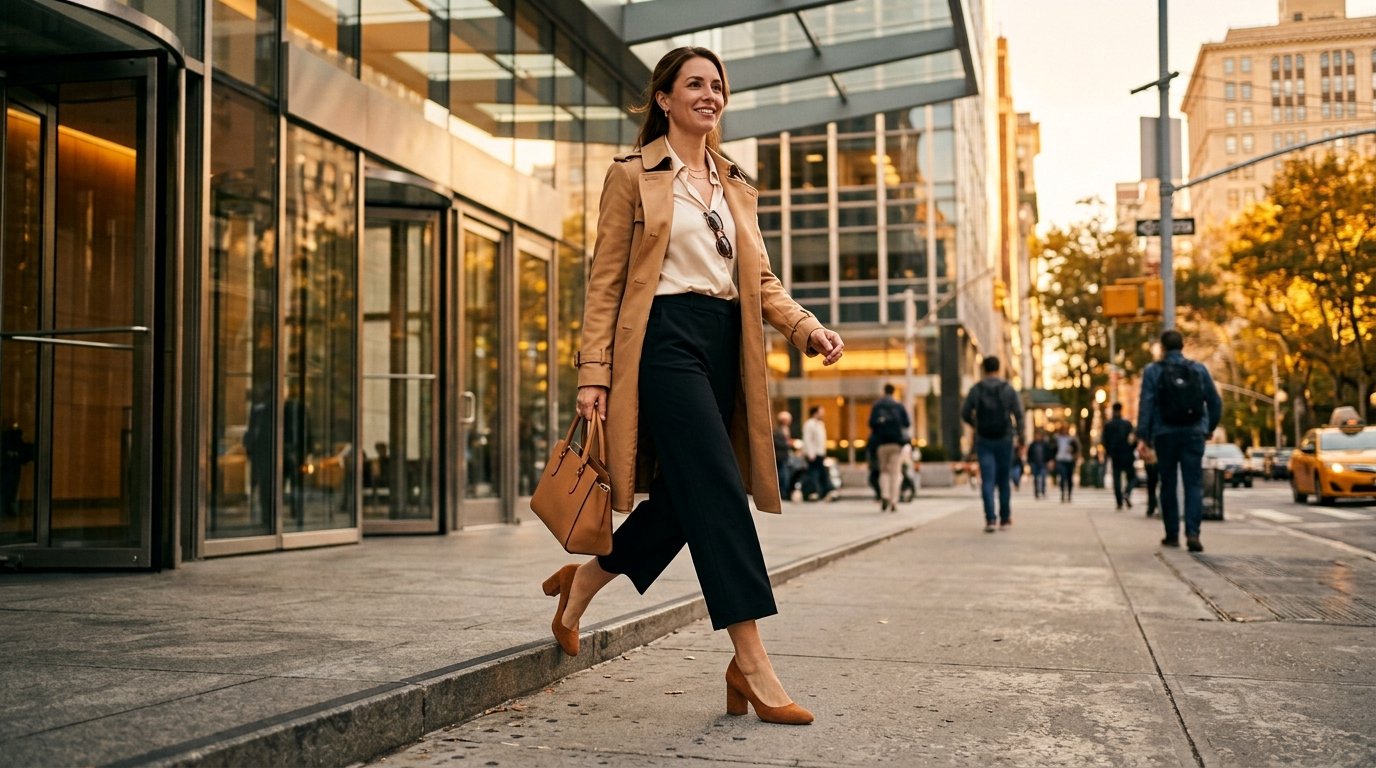 A woman walking confidently on a city sidewalk wearing cropped black trousers and cognac suede block heels under a camel trench coat.