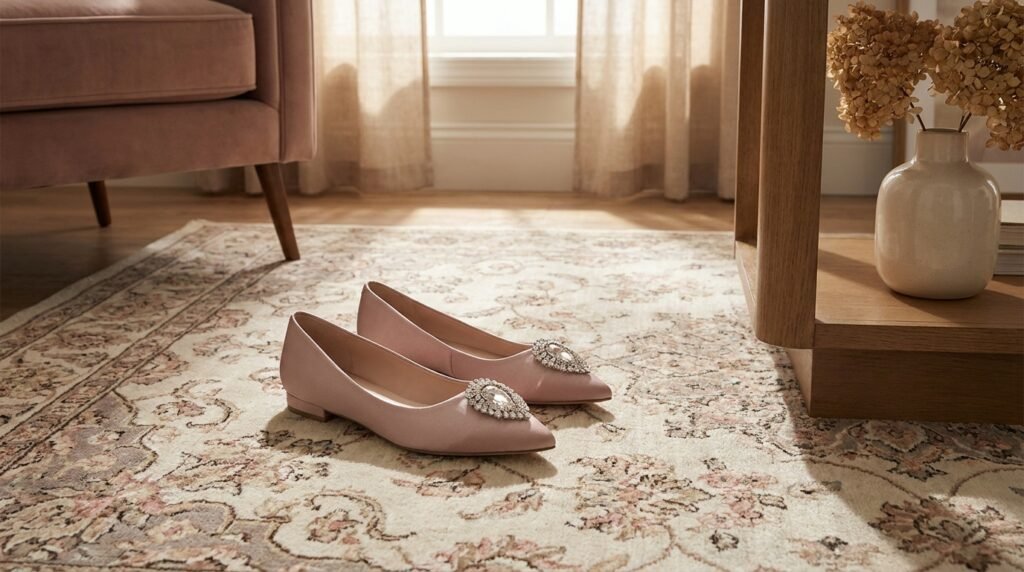 Pointed-toe satin flats with crystal brooches displayed on an indoor rug.