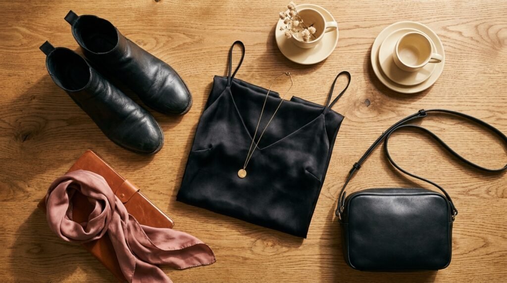 Flat-lay image of black leather ankle boots, a folded black slip dress, and accessories on a wooden table.