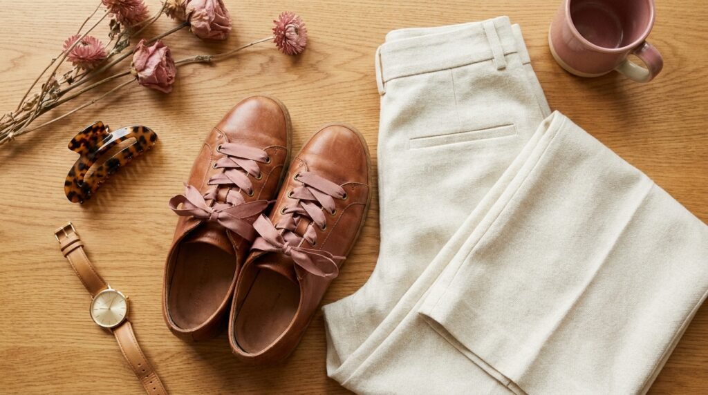 Flat-lay image of cognac ballet sneakers, folded beige trousers, and accessories on a wooden table.