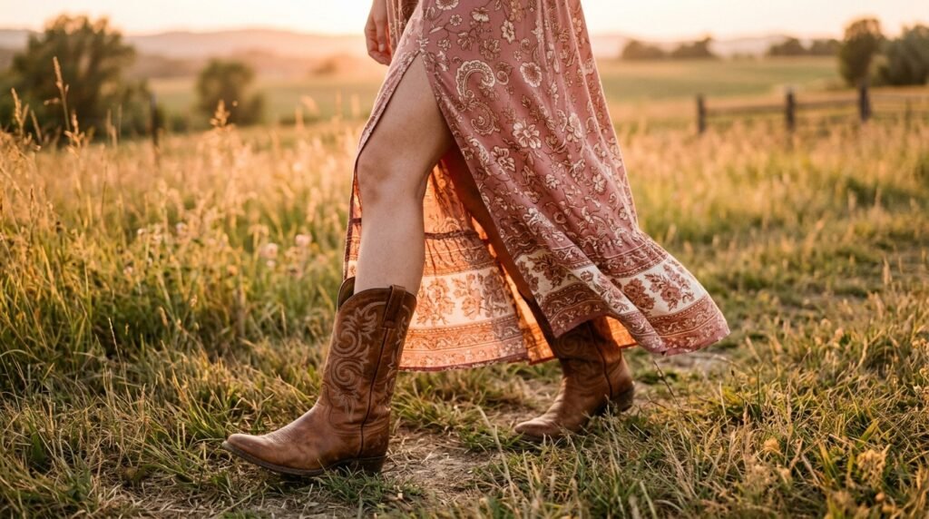 The legs of a woman walking in a field, wearing a pink floral maxi dress with a slit that shows brown western boots.