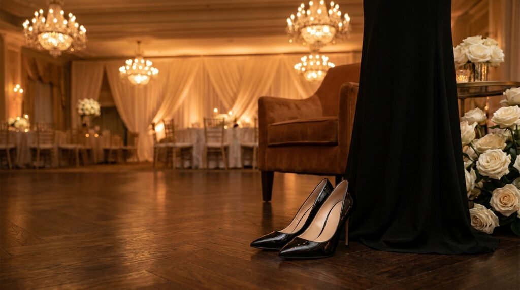 Classic black patent leather pointed-toe stilettos standing on a polished wooden ballroom floor.