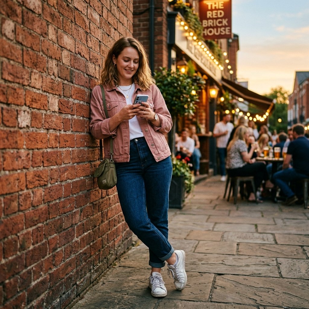 A woman leaning against a brick wall looking at her phone wearing a pink jacket and white sneakers.