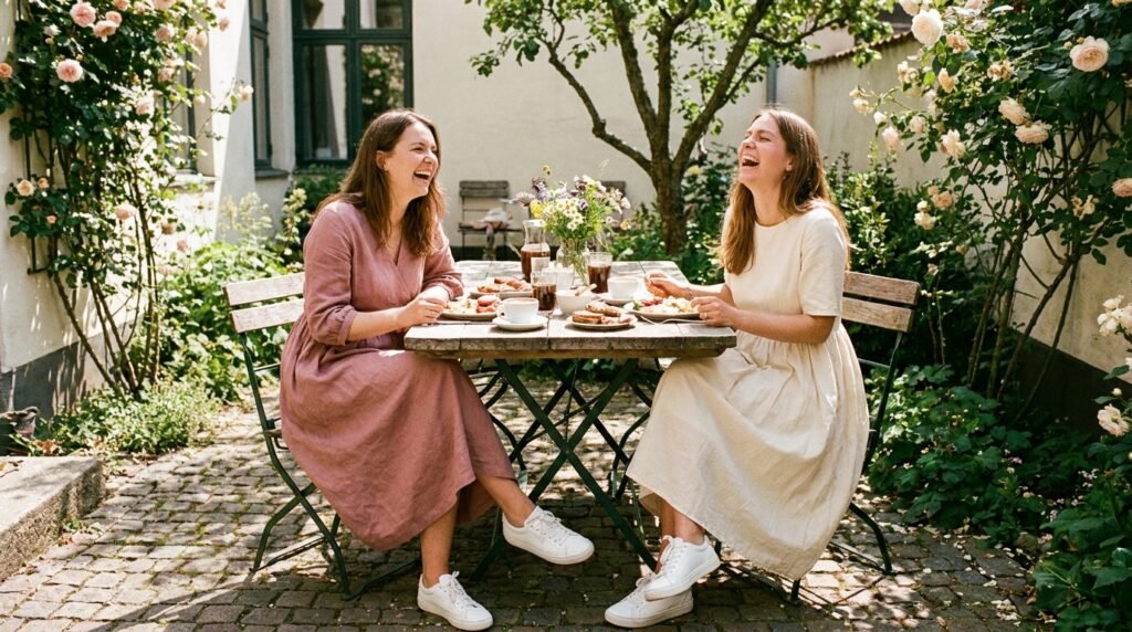 Two friends at an outdoor brunch table wearing casual dresses and white sneakers.