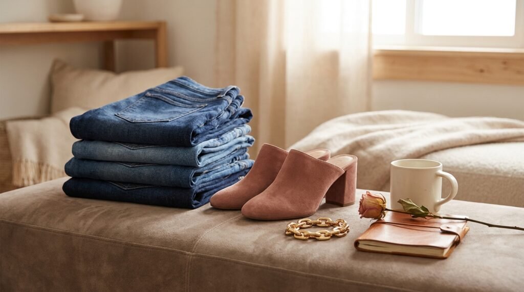 Photorealistic Color Soft, and atmosphere. block bracelet. cognac, cozy, denim dusty folded gold heels indoor inviting ivory ivory. lifestyle lighting minimalist neutral next of on pair palette: photograph resting rose, stack suede surface to various warm washes with