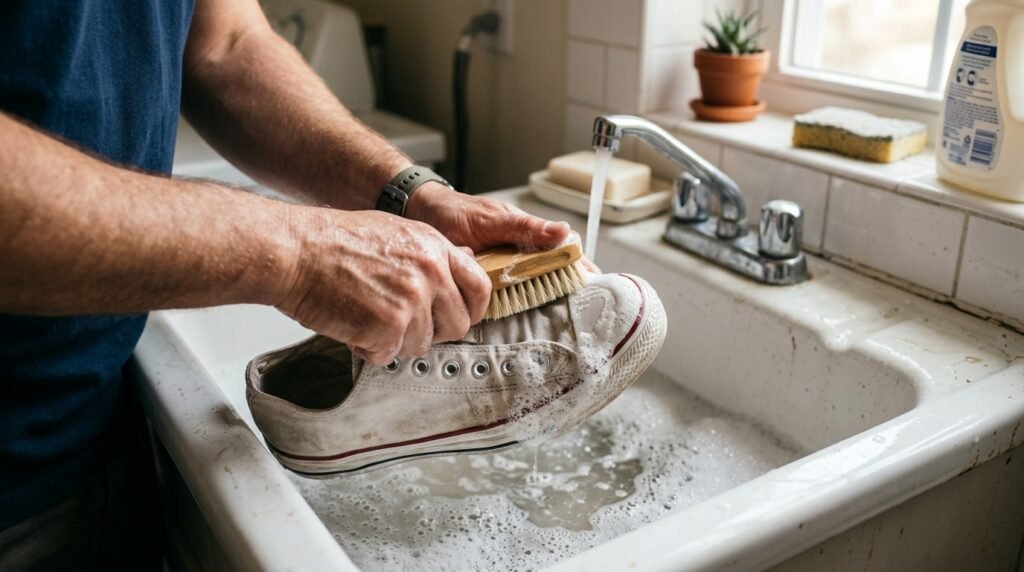 A person scrubs a white sneaker in a sink using a brush to create thick soapy suds.