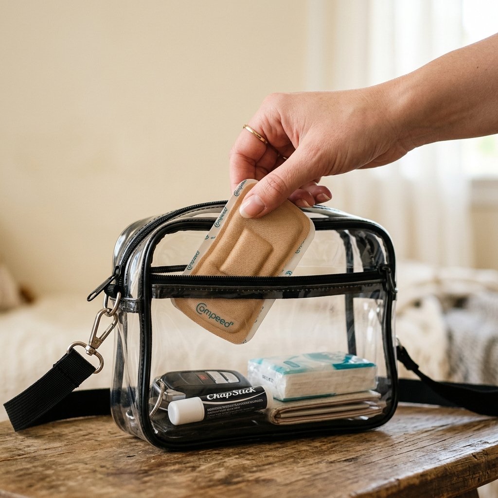 A hand putting a fabric bandage inside a clear plastic stadium bag.
