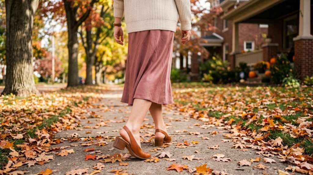 Cognac leather slingbacks worn with a dusty rose silk midi skirt walking outdoors.