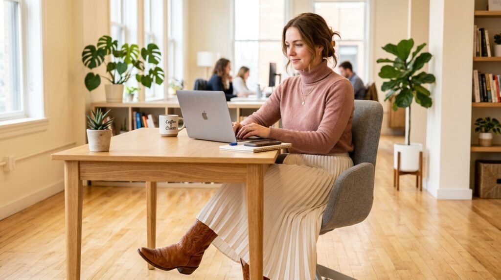 A woman in an office wearing a pleated ivory midi skirt, dusty rose turtleneck, and cognac cowgirl boots.