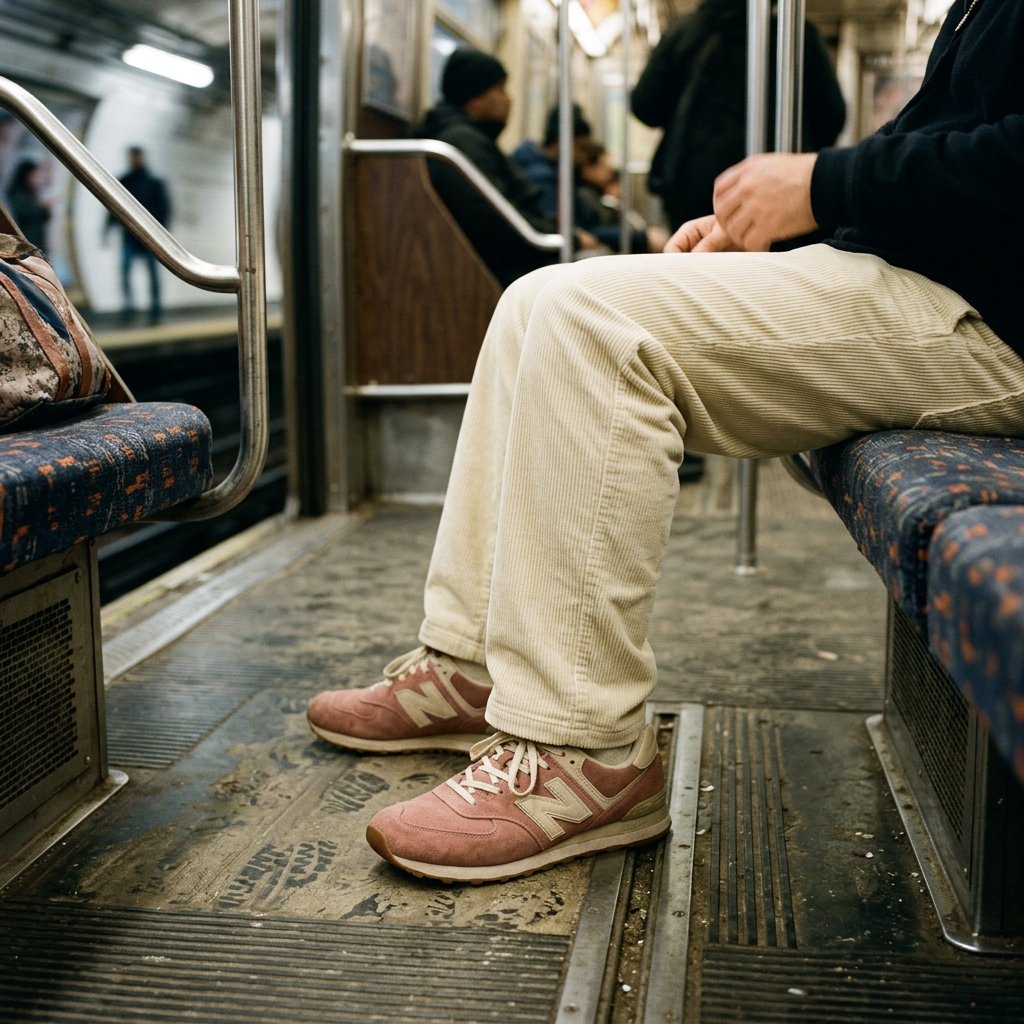 A person sitting on a train wearing tan corduroy pants and pink and brown retro running sneakers.