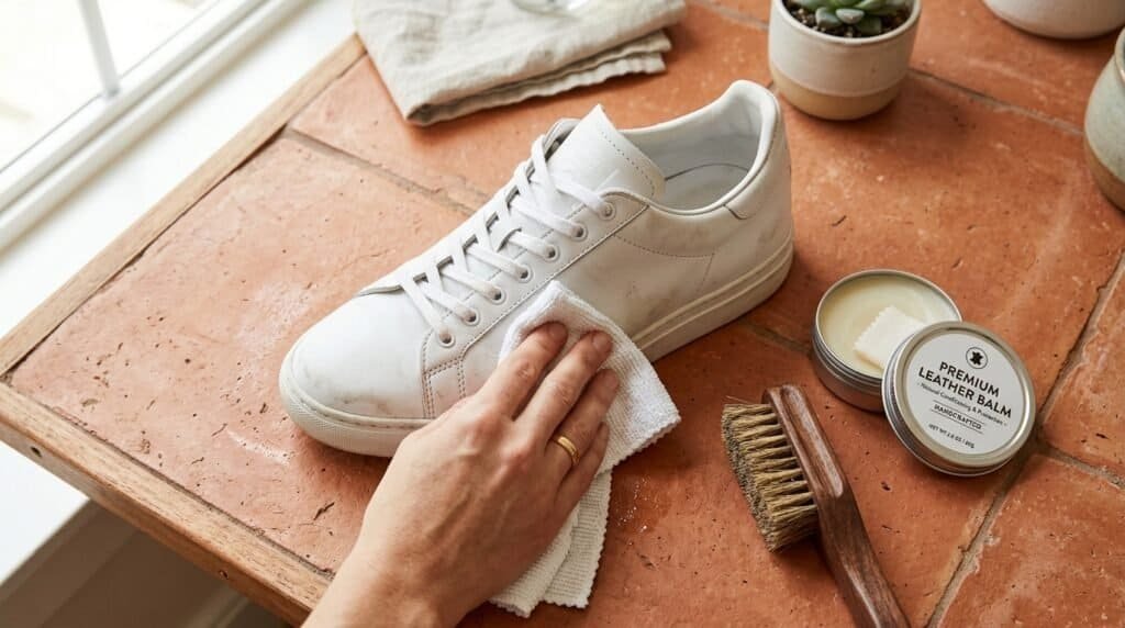 Person cleaning white sneakers with a cloth on a wooden table.