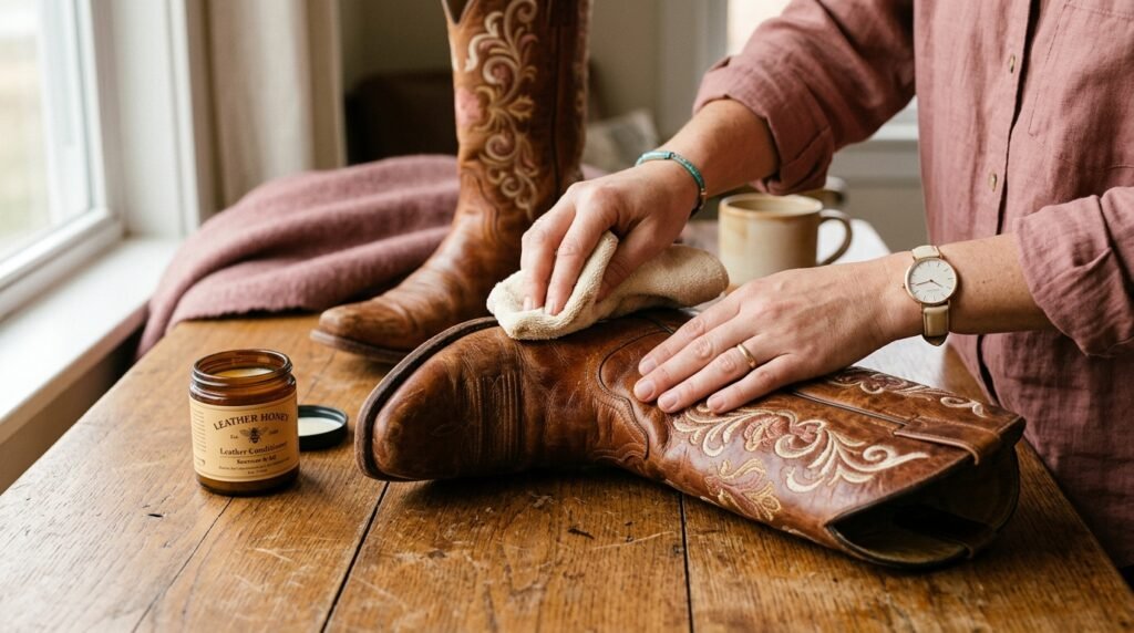 Hands using a soft cloth to apply leather conditioner to a pair of cognac cowgirl boots on a wooden table.