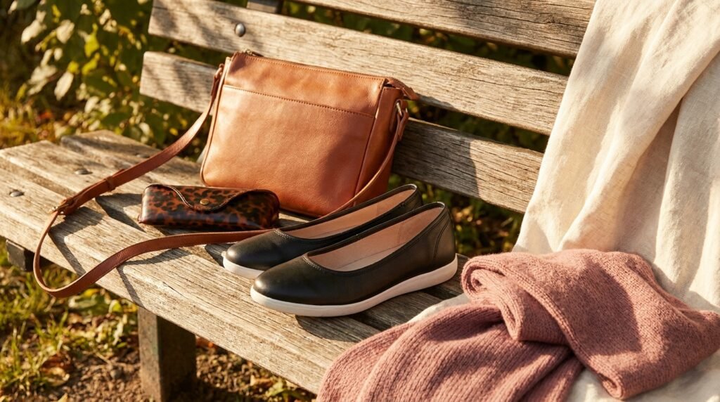 Black ballet sneakers and a structured leather crossbody bag on a wooden bench.