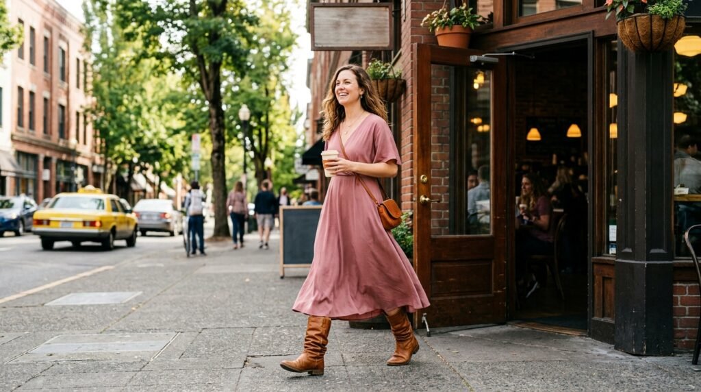 A woman walking out of a cafe wearing a long pink midi dress that covers the tops of her brown leather slouchy boots.