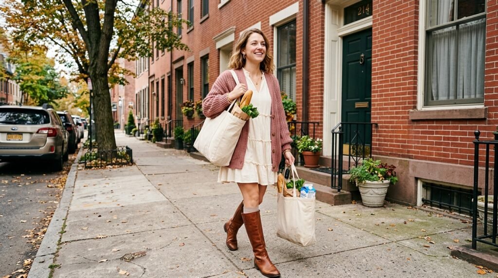 A woman carrying groceries wearing a cream mini dress, pink cardigan, and brown leather riding boots