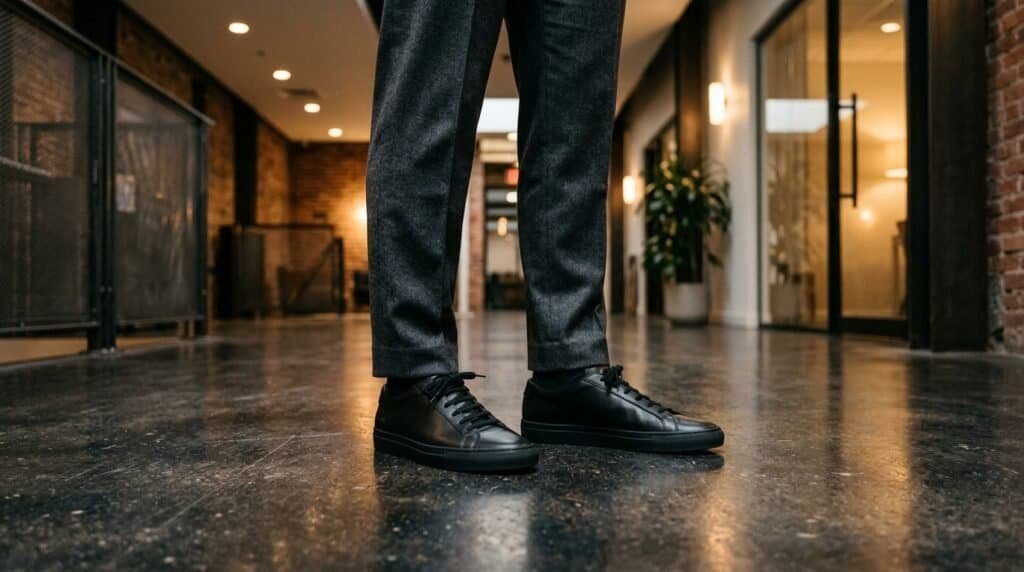 Men's black sneakers paired with formal pants in an office corridor.