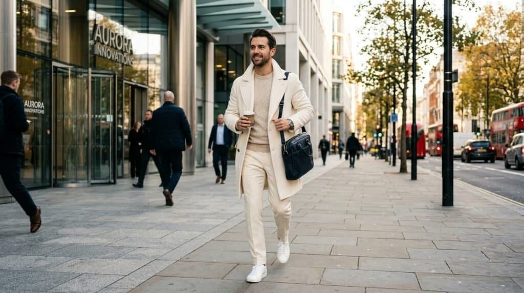 Man wearing stylish white sneakers and business casual outfit on city street.