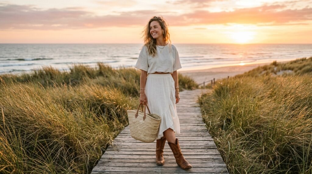 A woman on a boardwalk wearing an ivory linen skirt set, brown cowgirl boots, and holding a straw tote bag.