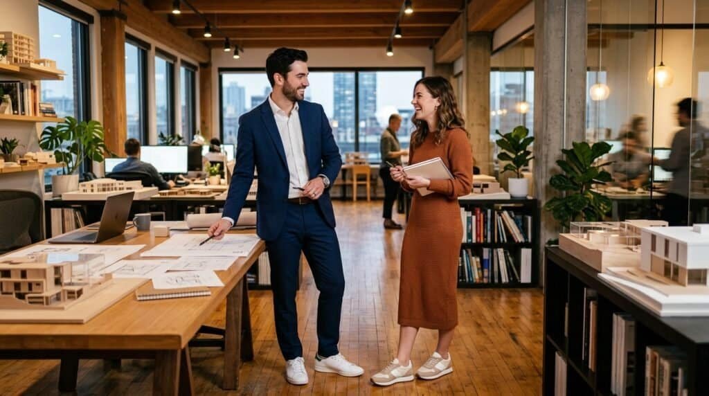 Two professionals in office discussing, with modern decor and sneakers visible in the workspace.