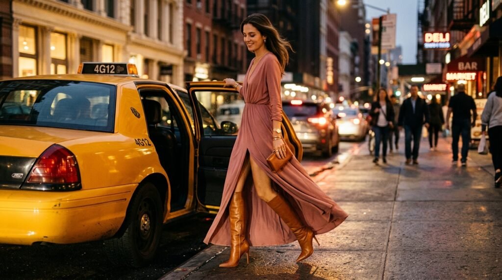 A woman exiting a taxi wearing a pink slit maxi dress and brown leather stiletto boots.