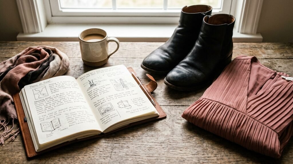 Flat-lay notebook, black ankle boots, and a dress on a neutral background.