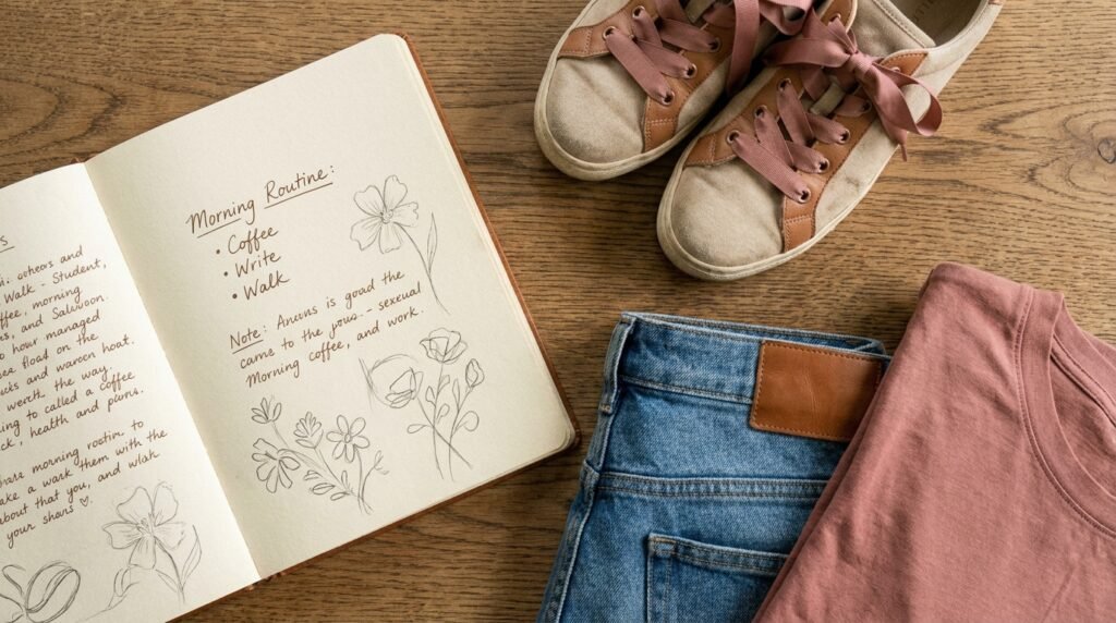 Flat-lay notebook, ballet sneakers, and denim jeans on a neutral background.