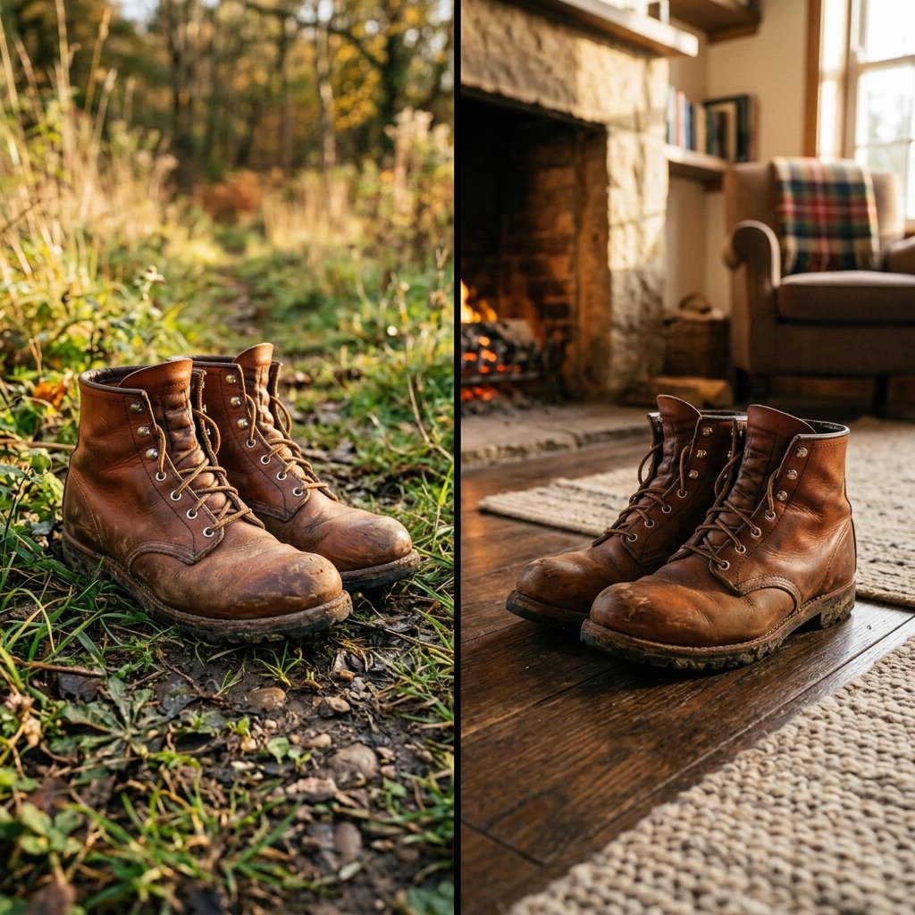 Brown leather boots standing in a patch of dirt and dry grass.