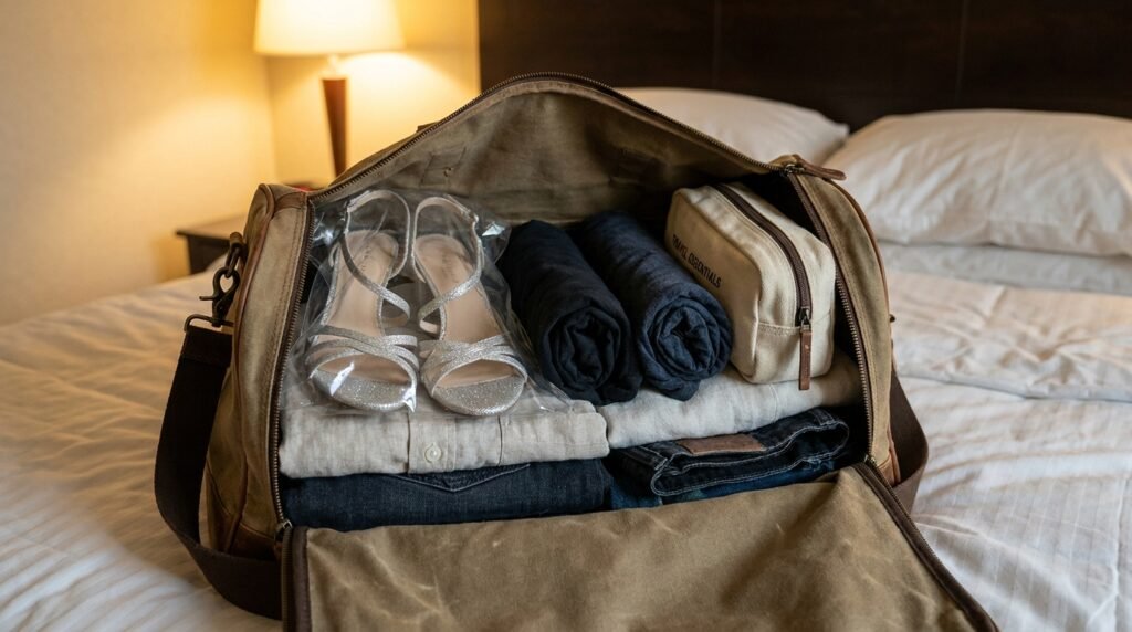 An open travel bag containing evening sandals and neatly packed clothing items on a hotel bed.