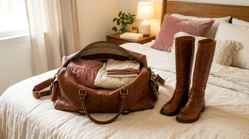 An open weekender bag on a bed with folded pink and cream dresses next to a pair of brown knee-high boots.