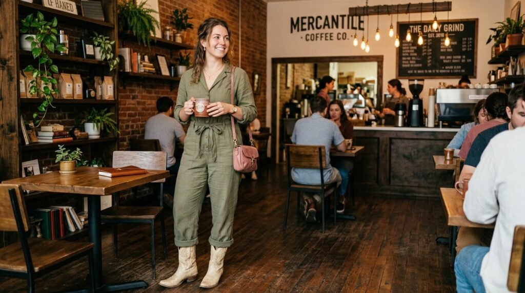 A woman in a coffee shop wearing an olive-green linen jumpsuit and warm ivory cowgirl boots.