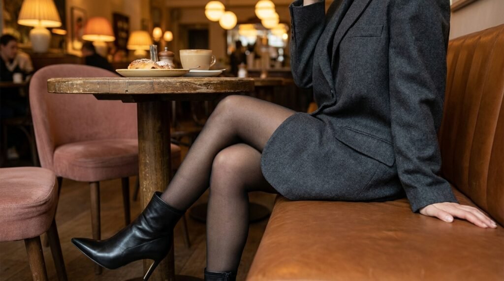 Close-up of an oversized blazer dress and black stiletto ankle boots.