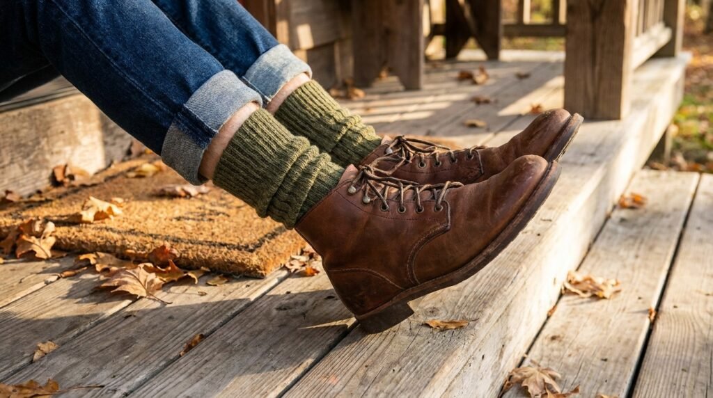 Close-up of dark denim jeans, leather ankle boots, and ribbed olive green wool socks on a wooden porch.