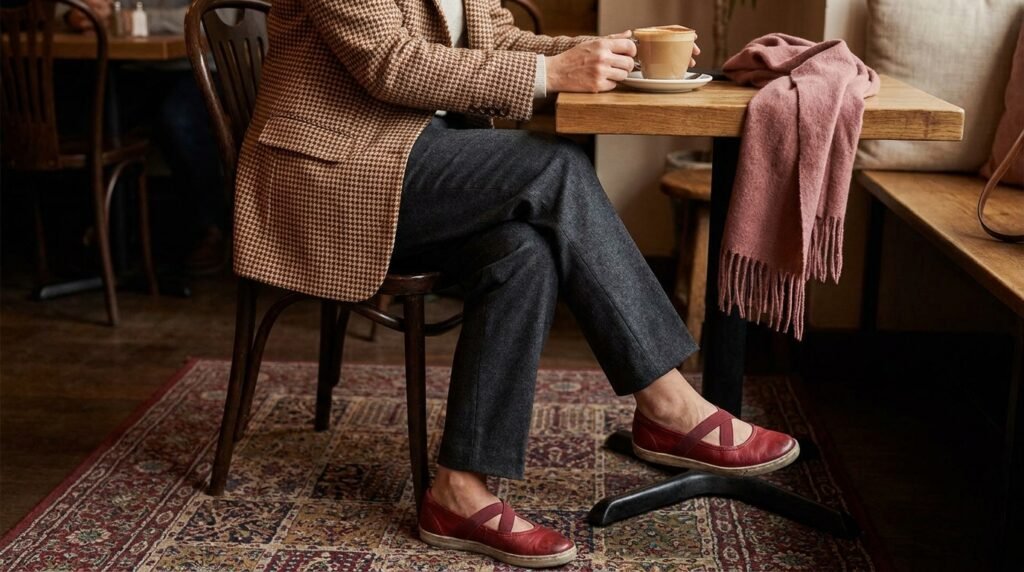 Close-up of tailored trousers and cherry-red ballet sneakers worn with a blazer.