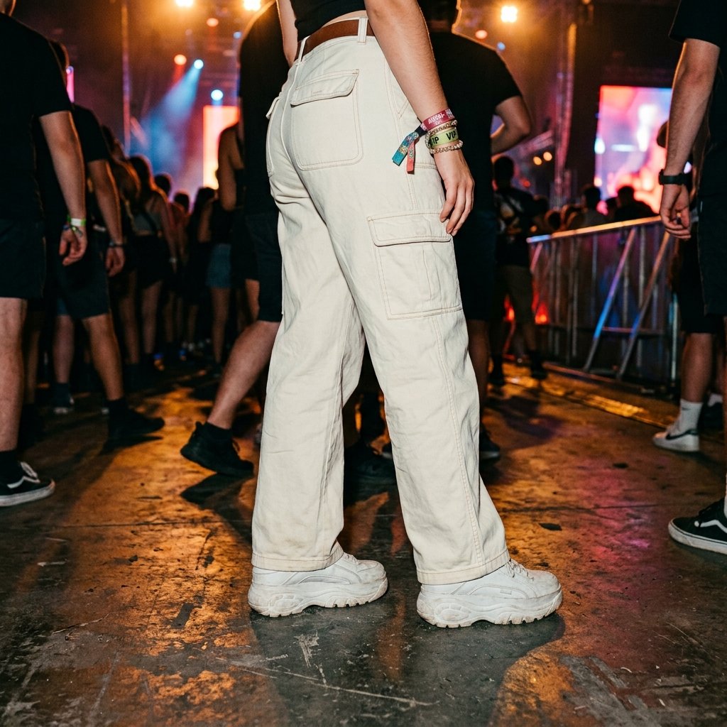 A person wearing wide leg white pants and thick white platform sneakers standing on a concrete floor.