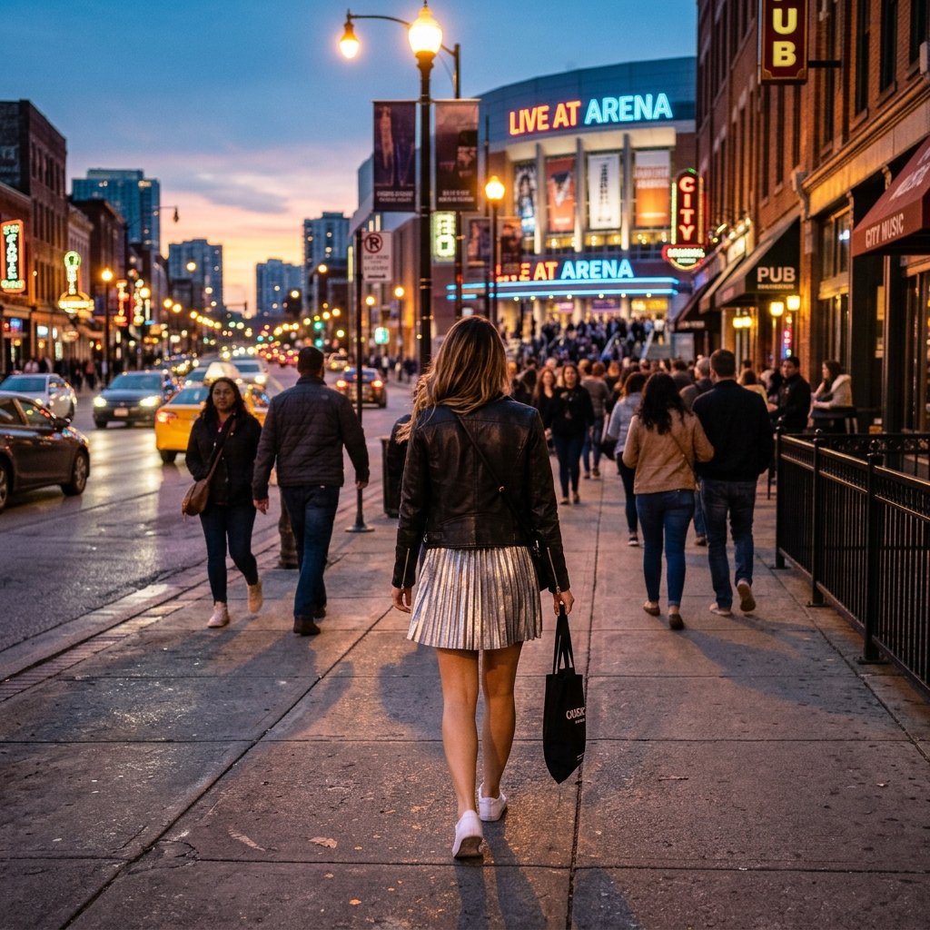 A woman walking at night wearing a silver skirt, black jacket, and white sneakers.