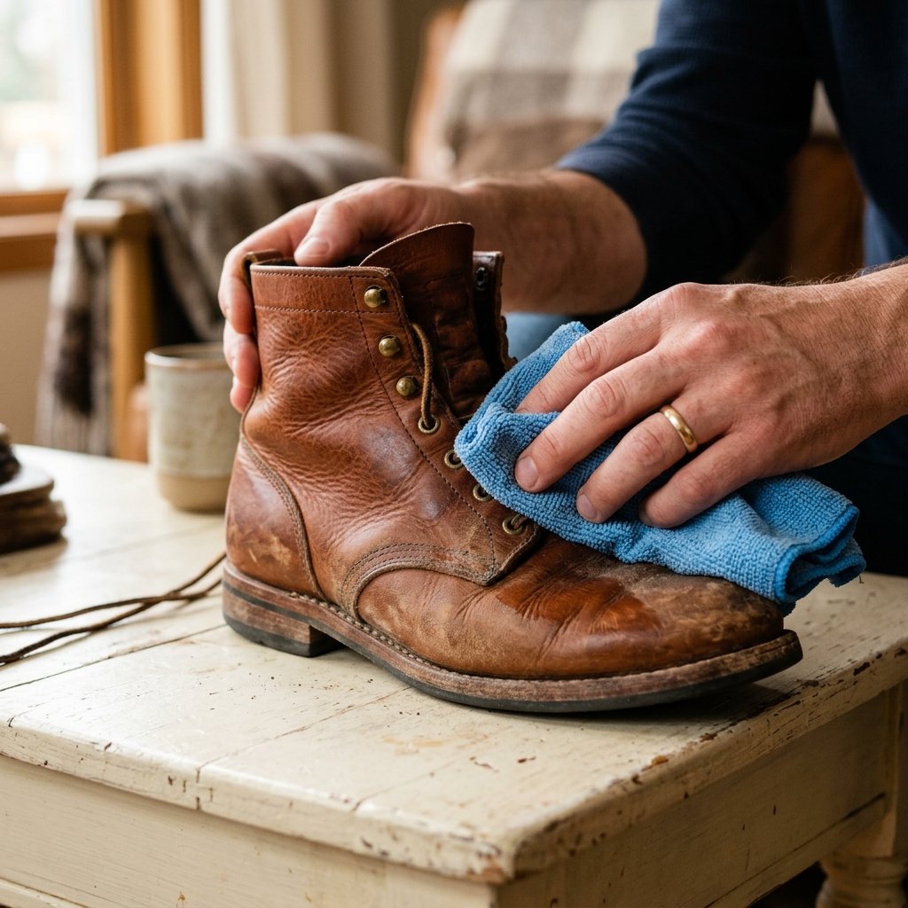 Hands using a white cloth to wipe dirt off a brown leather boot.
