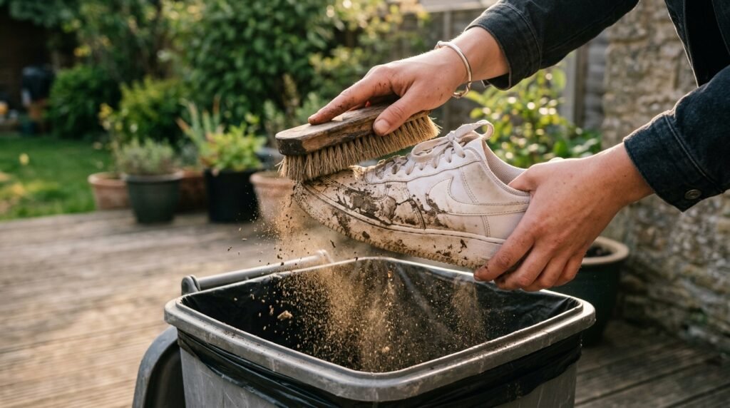 A person uses a stiff wooden brush to scrape dried mud off a white sneaker over a trash can.