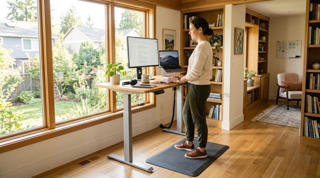 Woman working at a standing desk with a laptop in a bright home office.