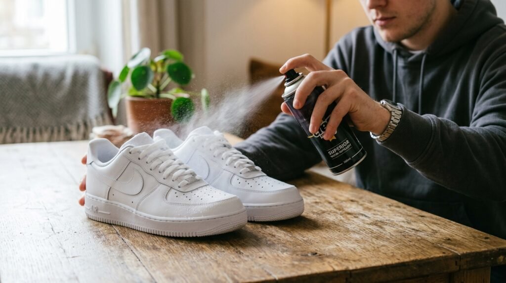 A person sprays a fine mist of water repellent onto a clean pair of white sneakers.