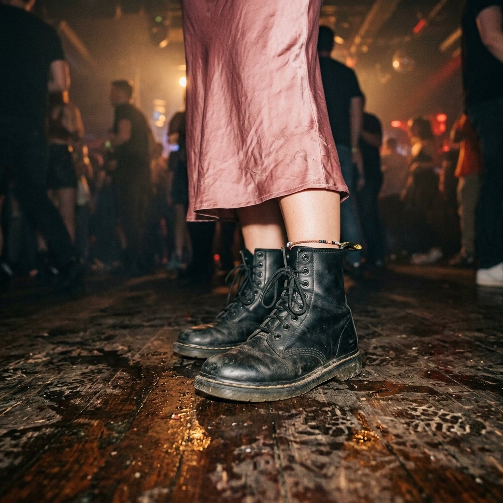 Black leather combat boots worn with a pink slip dress standing on a dark floor.