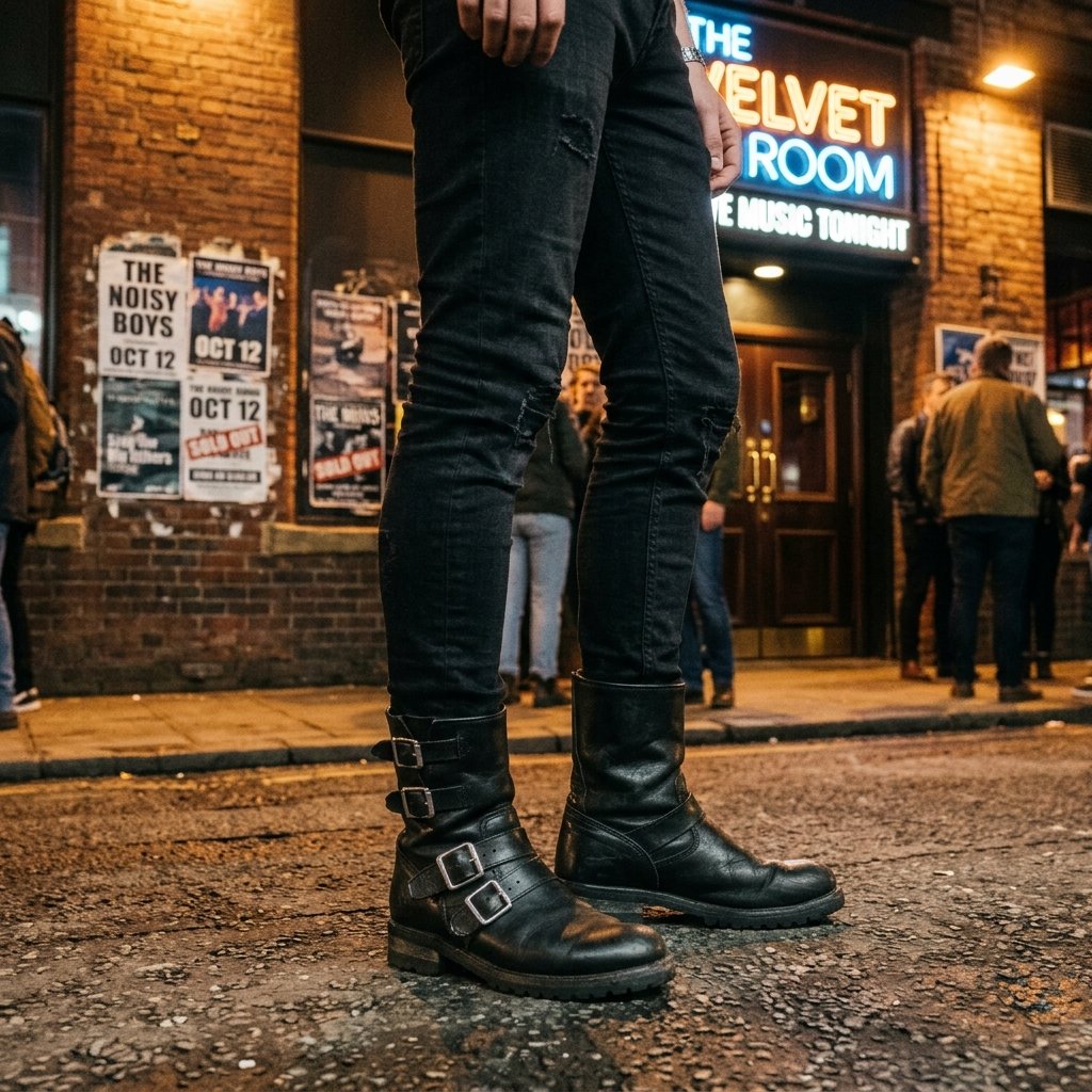 Legs wearing black jeans tucked into black leather motorcycle boots with silver buckles.
